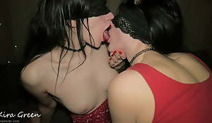 Enduring sex with two girls, red dresses, red lipstick, cum caress